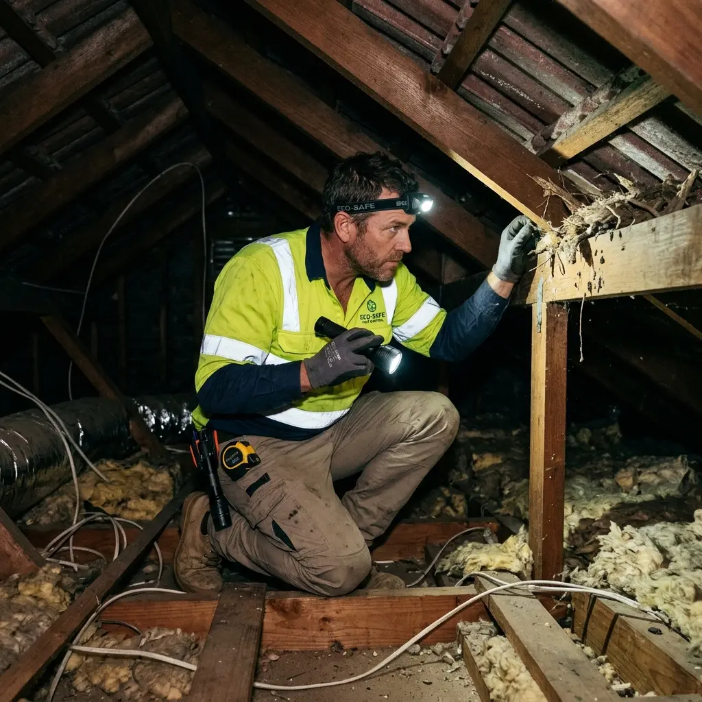Technician inspecting a roof cavity for a dead animal in Portarlington