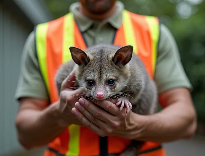 Animal handler safely recovering a deceased possum in Portarlington